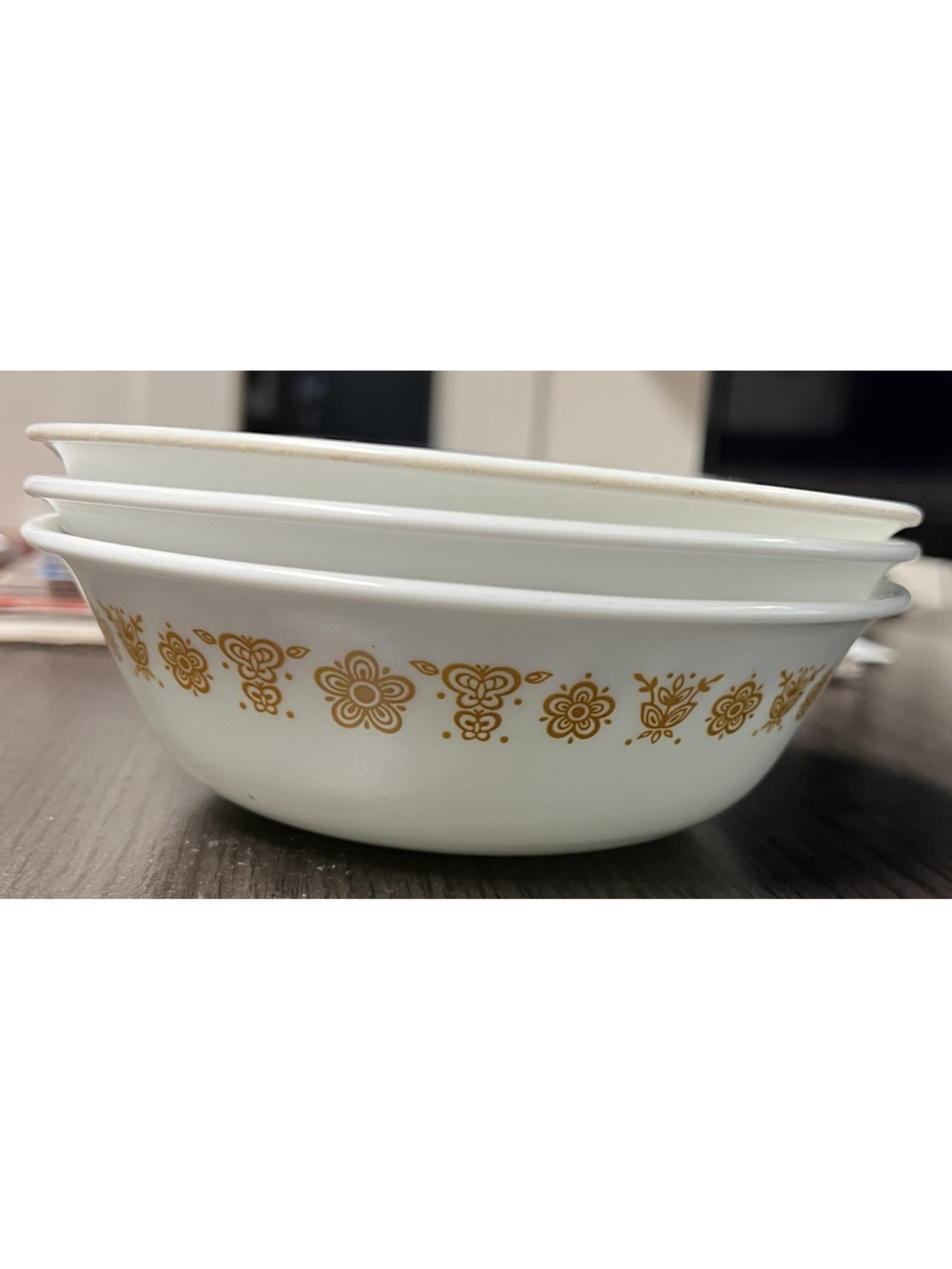 Vtg 1970s Corelle Corning BUTTERFLY GOLD Set of 3 Soup Cereal Bowls White 6-1/4"